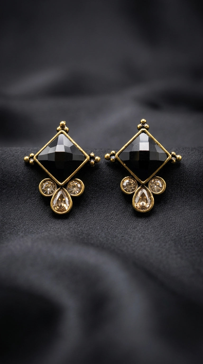Black Stone Square Drop Stud Earrings with Crystal Teardrop Accents, Gold-Tone Ethnic Fashion Jewellery - Black