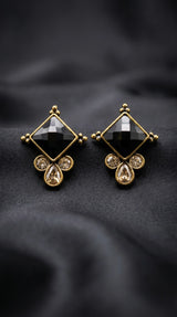 Black Stone Square Drop Stud Earrings with Crystal Teardrop Accents, Gold-Tone Ethnic Fashion Jewellery - Black
