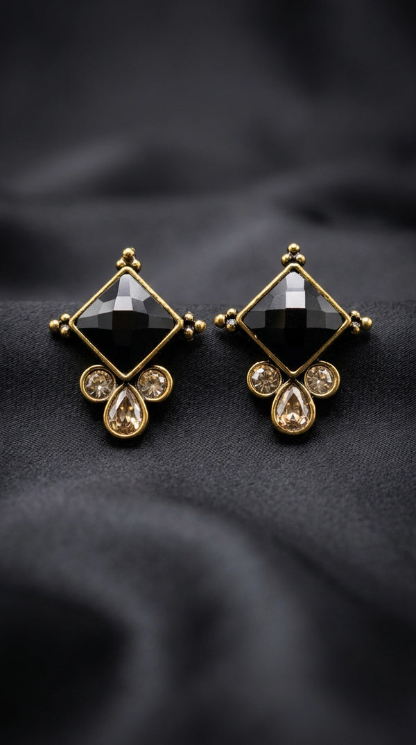 Black Stone Square Drop Stud Earrings with Crystal Teardrop Accents, Gold-Tone Ethnic Fashion Jewellery - Black