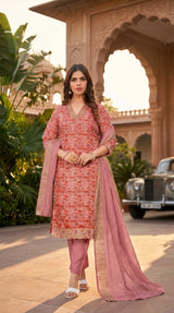 Women’s Pink Cotton 3-Piece Kurti Set with Floral Print, V-Neck Aari Work & Jacquard Dupatta - Pink