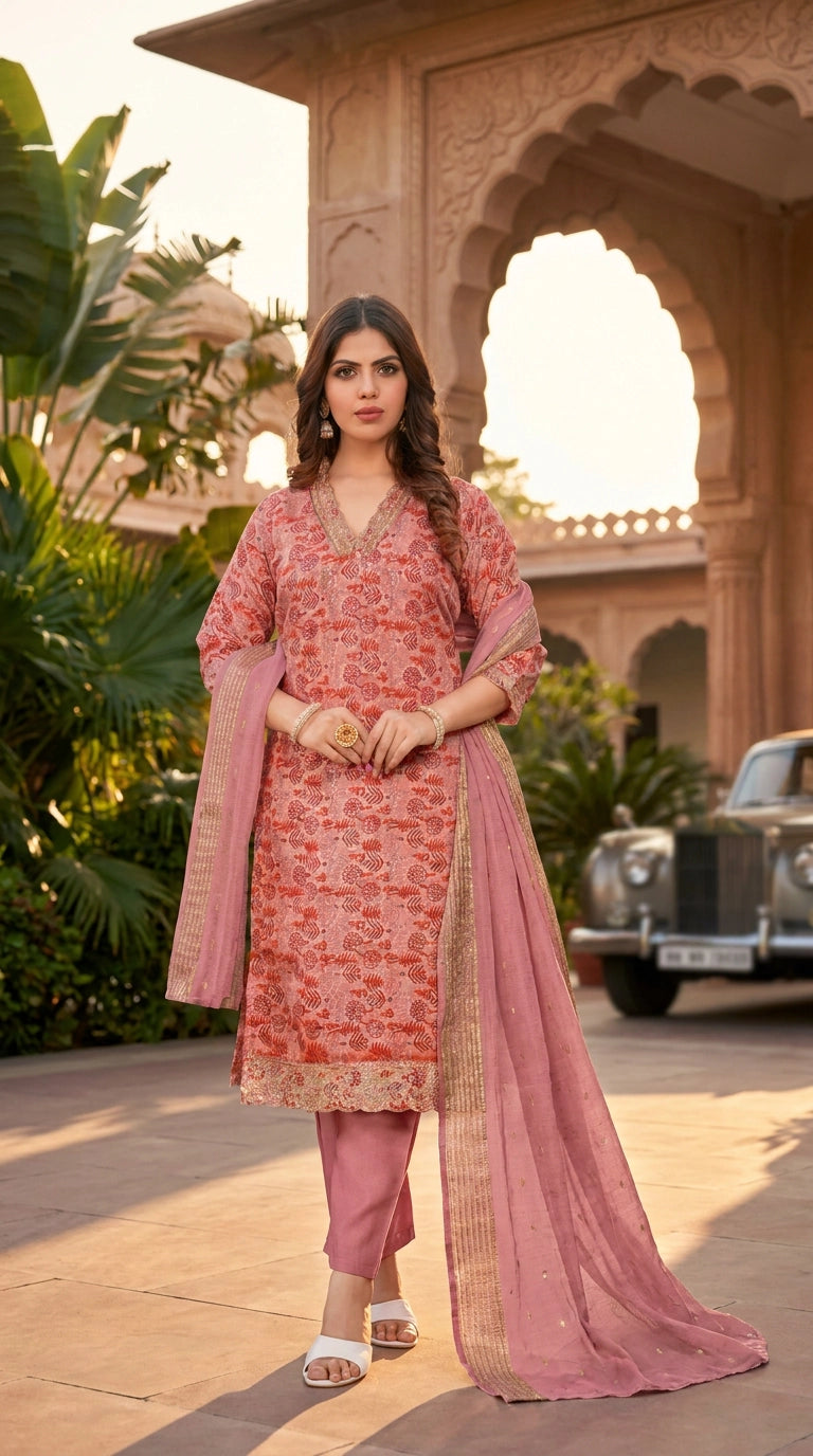 Women’s Pink Cotton 3-Piece Kurti Set with Floral Print, V-Neck Aari Work & Jacquard Dupatta - Pink