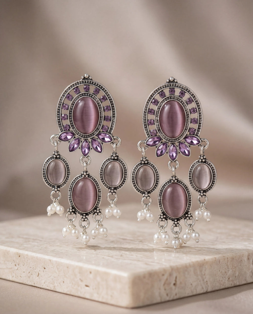 Dark Pink Oval Stone Oxidized Silver-Tone Jhumki Earrings with Pearl Drops for Women - Dark Pink