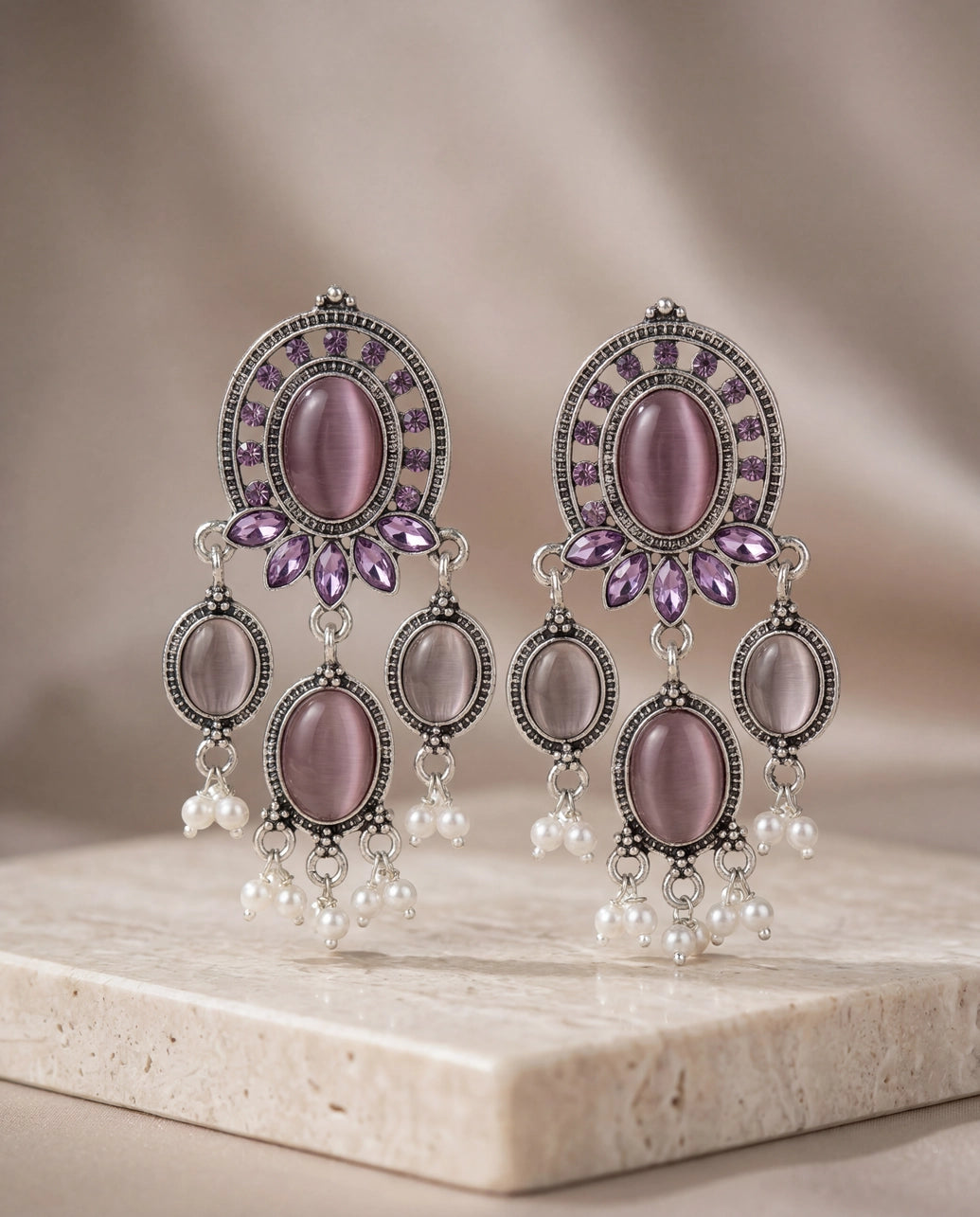 Dark Pink Oval Stone Oxidized Silver-Tone Jhumki Earrings with Pearl Drops for Women - Dark Pink