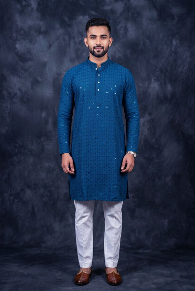 Blue Men's Lakhnavi Kurta with Embroidery & Resham