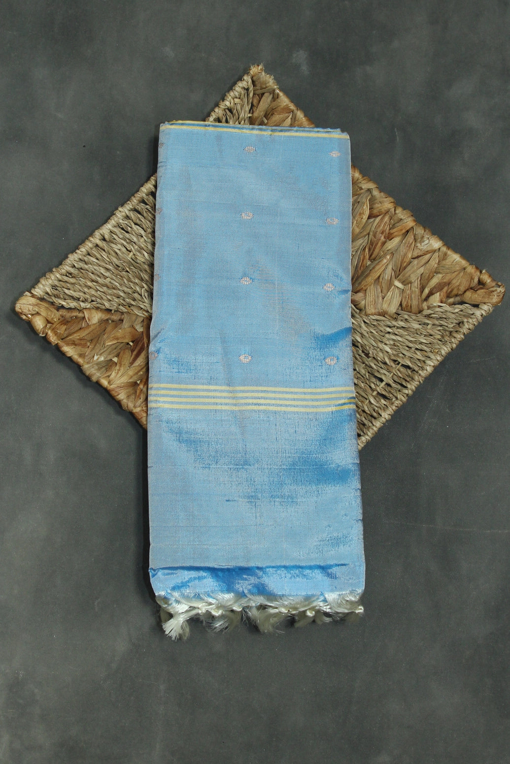 Blue Vaazhai Naar (Banana Pith) Borderless Saree with Small Butta and Gold Pallu - Blue