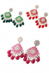 Floral Drop Earrings with Sparkling Multi-Colour Stones and Teardrop Beads - Green/Red/Pink