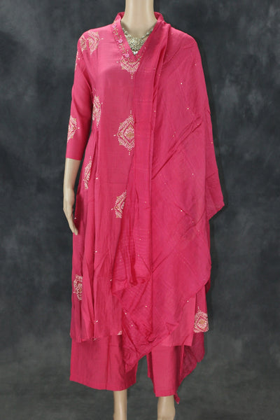 Pink Cotton 3-Piece Kurti Set with V-Neck Work, Elastic Pant & Chiffon Dupatta - Pink