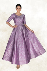 Lavender Brocade Silk Lehenga with Silver Zari Floral Weave and Matching Designer Blouse - Lavender