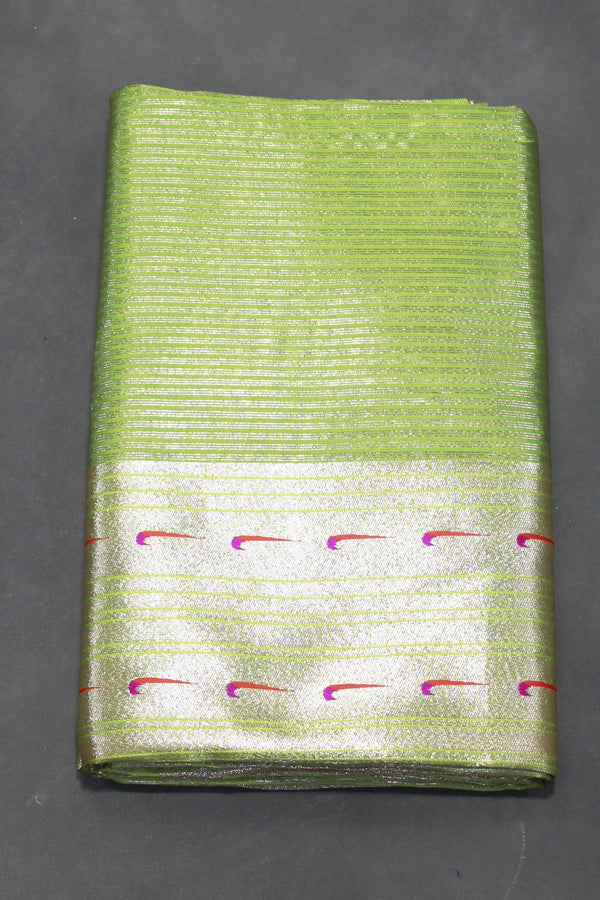 Green Paithani Tissue Fabric Saree with Zari Weaving and Blouse - Green