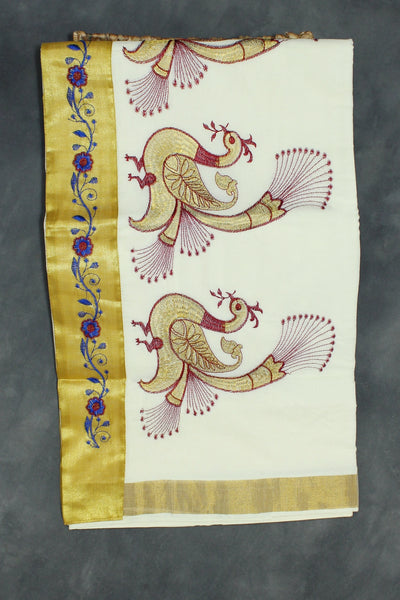 Pure Kerala Cotton White Saree with Peacock Zari Embroidery - White