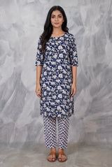 Navy Blue Floral Rayon Kurti Set with Gold Button Placket and Elastic Waist Pant - Navy Blue
