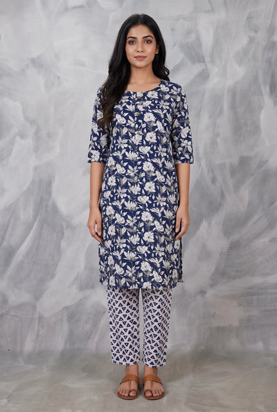 Navy Blue Floral Rayon Kurti Set with Gold Button Placket and Elastic Waist Pant - Navy Blue