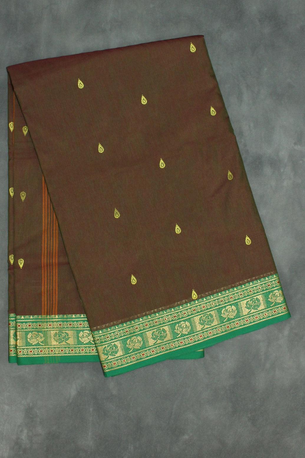 Brown & Green Printed Poly Cotton Butta Saree with Green Thread Border, Traditional Small Butta Motifs Saree JCS Fashions Brown & Green 5.5 meters