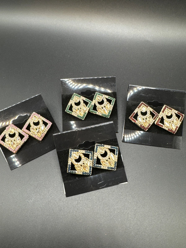 Geometric Kundan Stud Earrings with Bead - Gold-Tone Kundan Style Jewelry JCS Fashions
