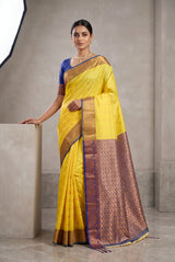 Yellow Semi Soft Silk Saree with Contrast Border, Gold Zari Buttas and Traditional Floral Zari Border - Yellow