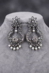 Grey Oxidized Silver-Tone Floral Teardrop Stone Drop Earrings with Pearl Beads, Fashion Jewellery for Women - Grey