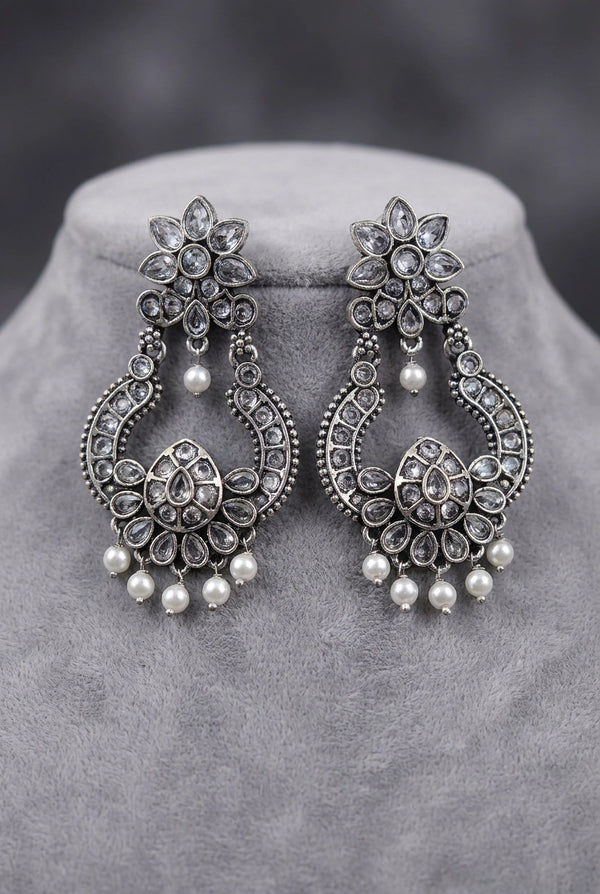 Grey Oxidized Silver-Tone Floral Teardrop Stone Drop Earrings with Pearl Beads, Fashion Jewellery for Women - Grey