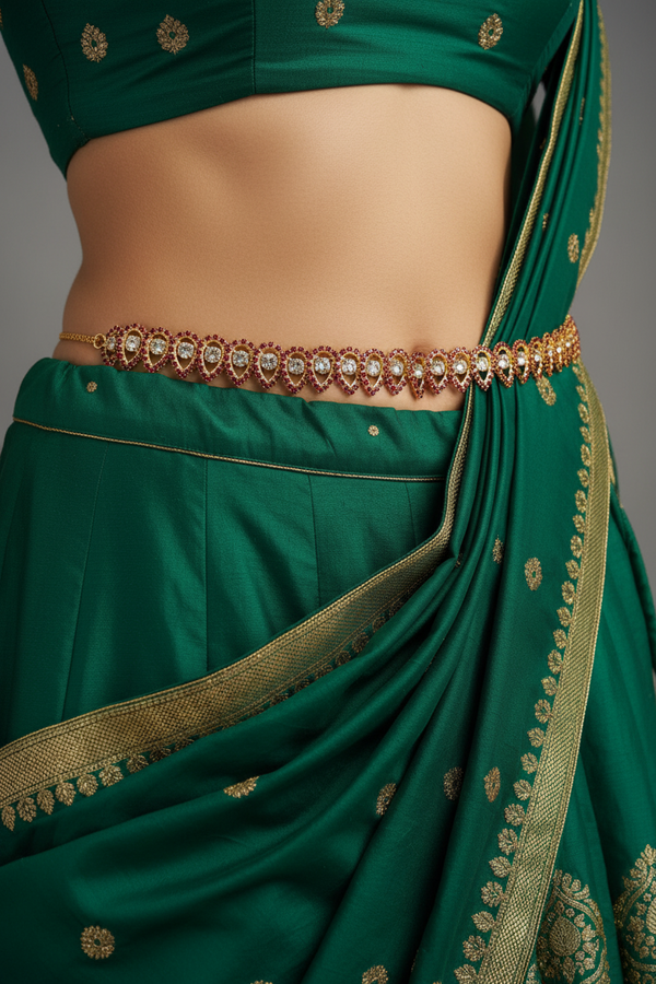 Gold-Tone Maroon Crystal Hip Chain with Clear Stones – Zigzag Teardrop Waist Belt