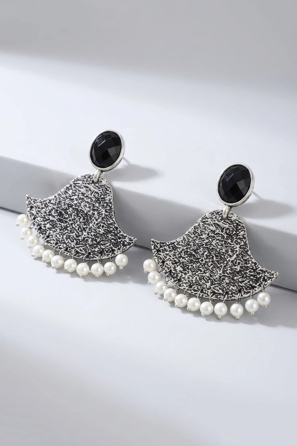 Black Textured Triangle Stone Drop Earrings for Women, Silver-Tone Party Festive Wear Fashion Jewellery - Black