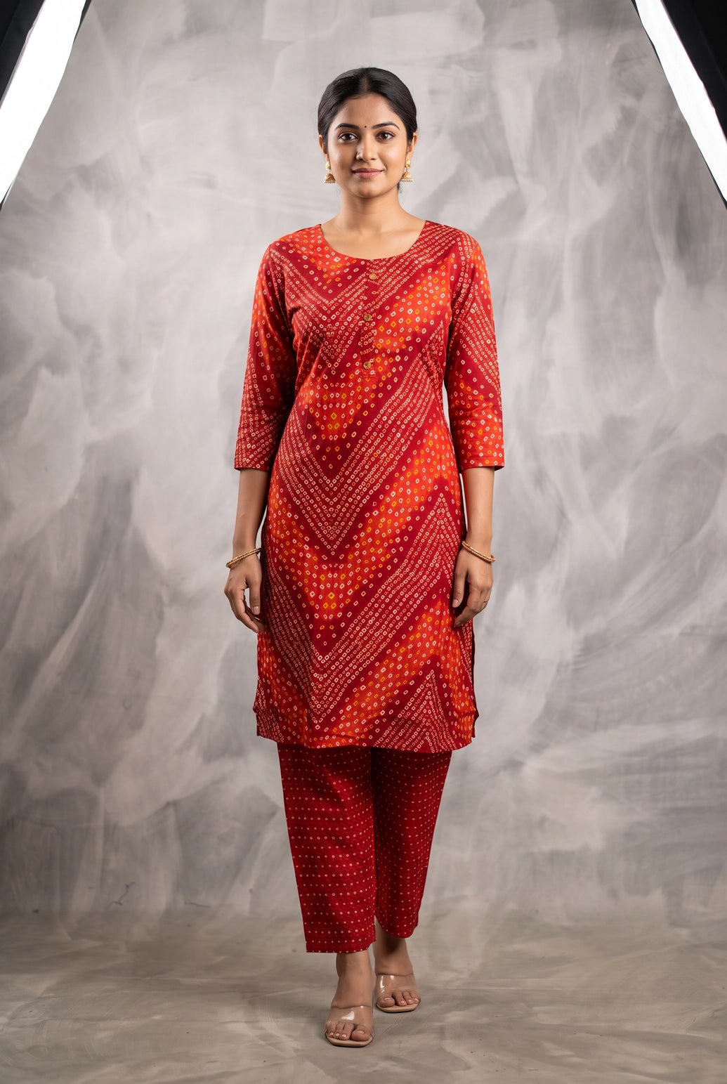 Maroon Rayon 2-Piece Geometric Foil Print Kurti with Elastic Pant Set for Women - Maroon