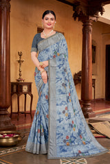 Navy Blue Chiffon Fancy Tie-Dye Saree with Star Motifs and Shimmer Striped Border with Blouse - Navy Blue