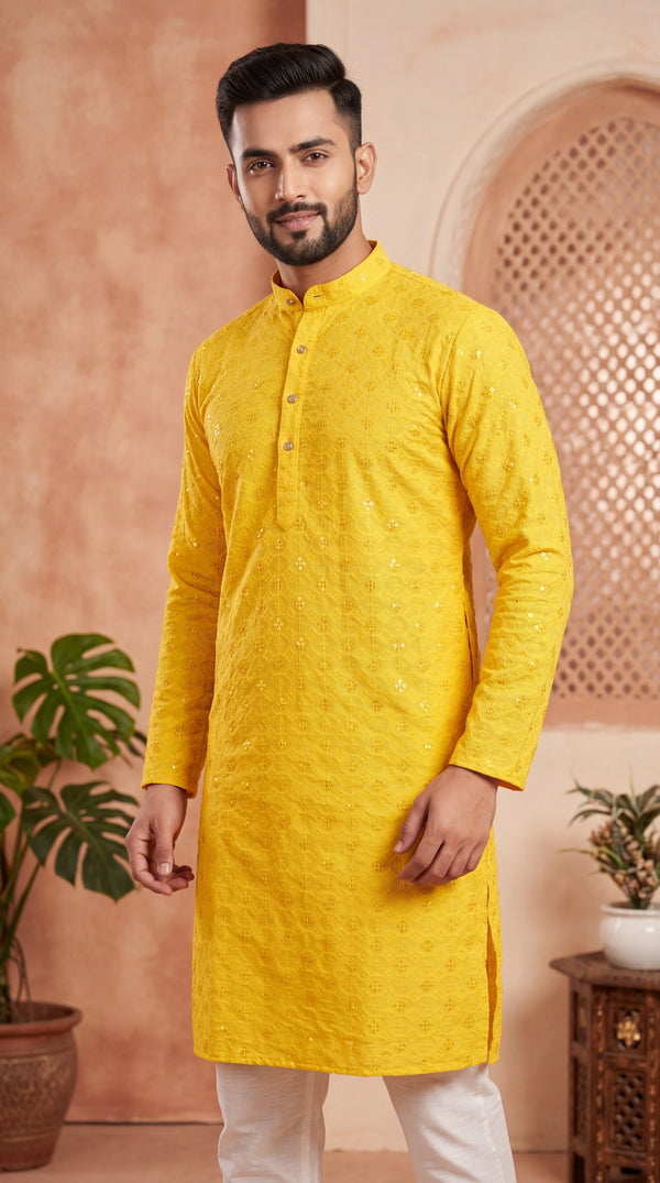 Men Yellow Lakhnavi Kurta with Embroidered Pattern, Ethnic Festive Wear for Kurta Pyjama - Yellow