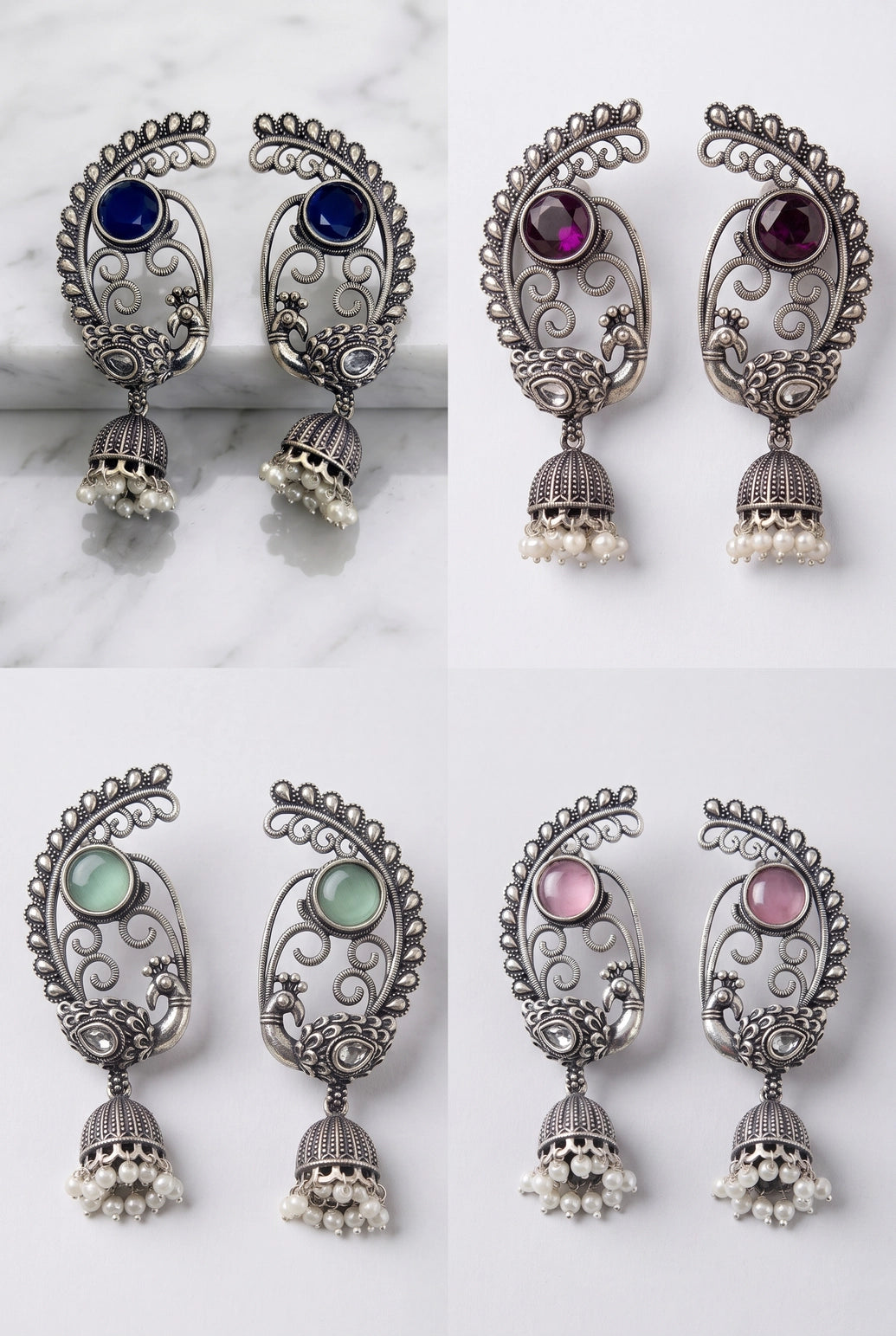 Antique Oxidized Silver Peacock Jhumka Drop Earrings with Pearl Beads (Navy Blue, Purple, Mint Green)