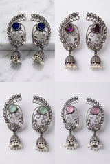 Antique Oxidized Silver Peacock Jhumka Drop Earrings with Pearl Beads (Navy Blue, Purple, Mint Green)