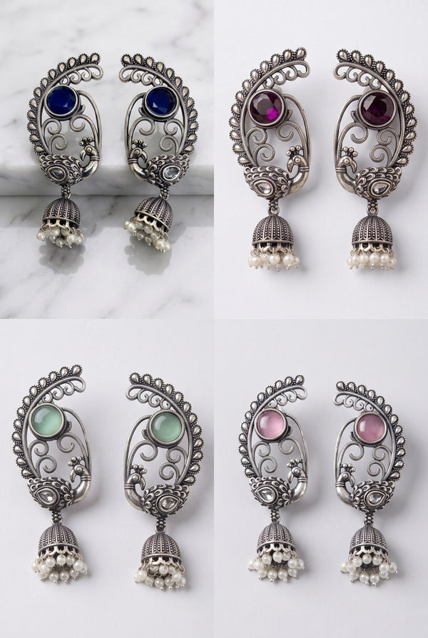 Antique Oxidized Silver Peacock Jhumka Drop Earrings with Pearl Beads (Navy Blue, Purple, Mint Green)