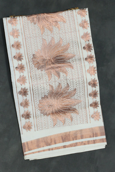 Pure Kerala Cotton Saree with Copper Zari Peacock & Leaf Embroidery, White - White