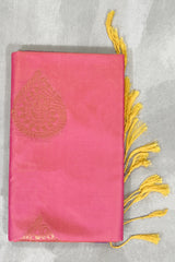 Rani Pink Soft Silk Saree with Contrast Border and Gold Zari Buttas, Traditional Floral Zari Border - Rani Pink