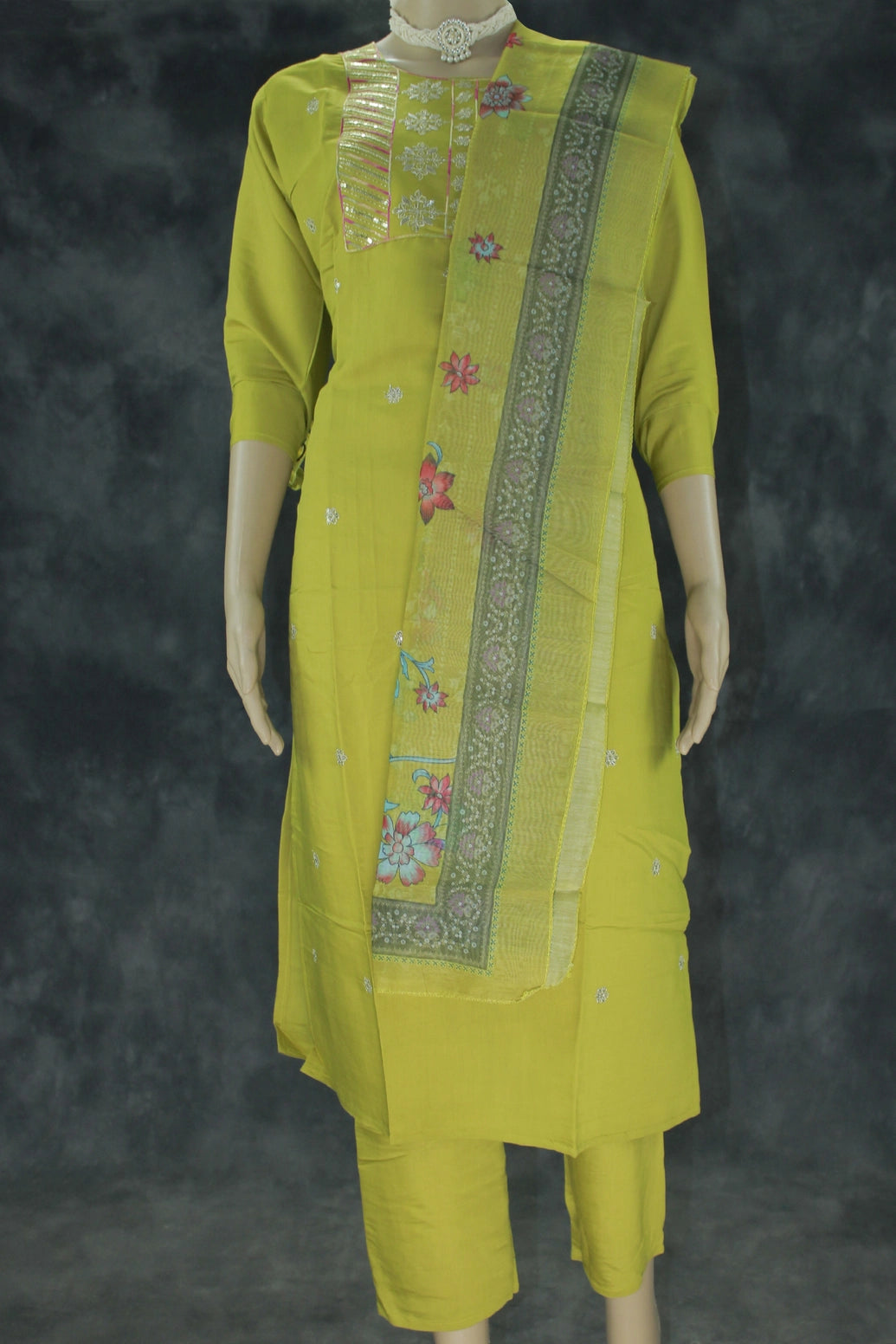 Roman Silk Olive Green 3-Piece Kurti Set with Embroidered Yoke & Printed Dupatta Kurti JCS Fashions Olive Green Large (40)