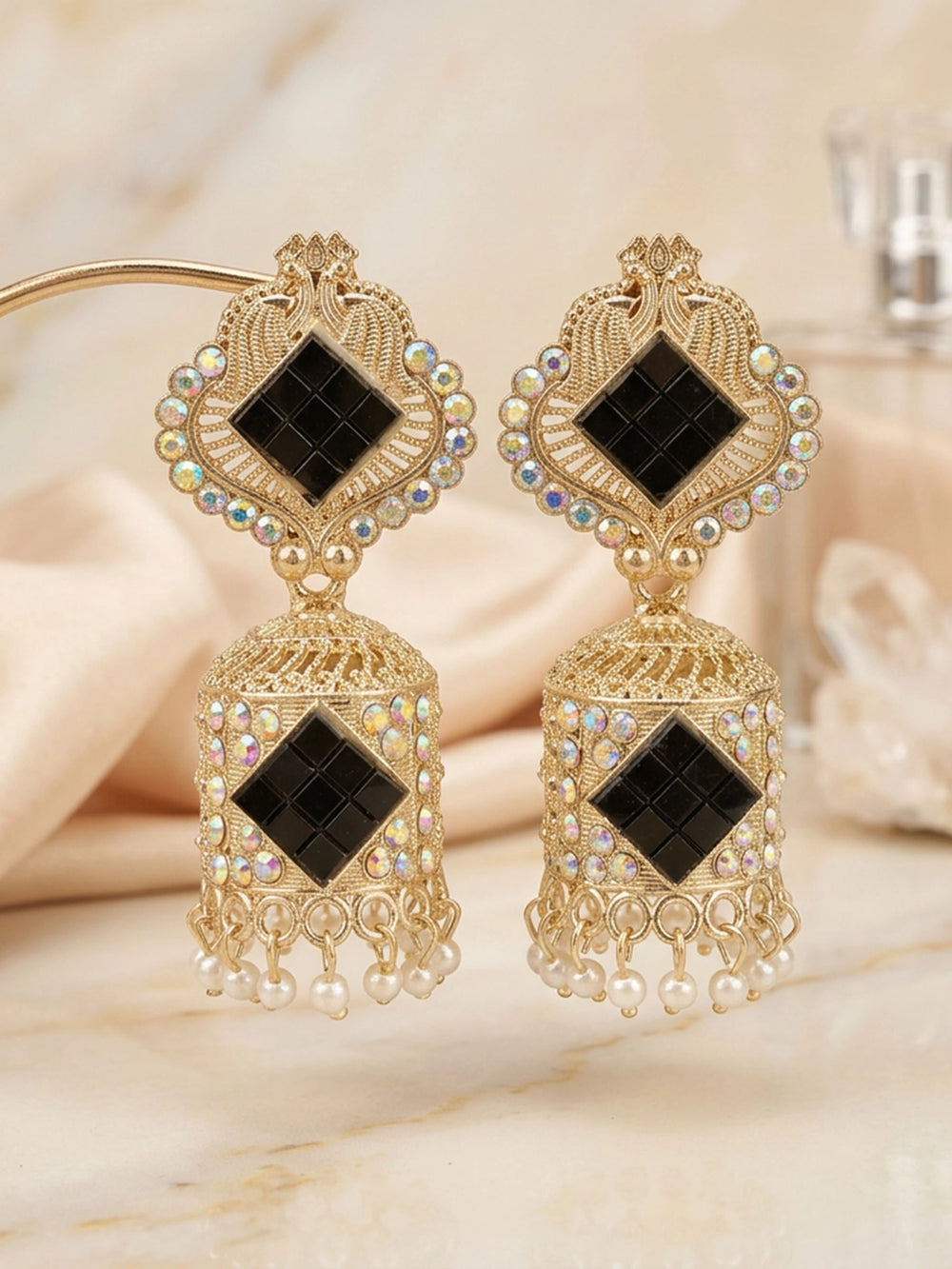 Traditional Gold-Tone Jhumka Earrings with Black Stone Studded Drop and Pearl-Look Dangles for Women - Black