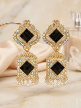 Traditional Gold-Tone Jhumka Earrings with Black Stone Studded Drop and Pearl-Look Dangles for Women - Black