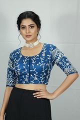 Navy Blue Readymade Padded Blouse with Aari Work Floral Embroidery, Elbow Sleeve and Back Knot Closure