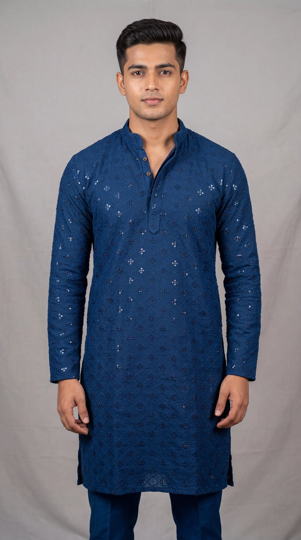 Men's Teal Blue Lakhnavi Kurta with Embroidered Look, Traditional Band Collar Kurta Style - Teal Blue