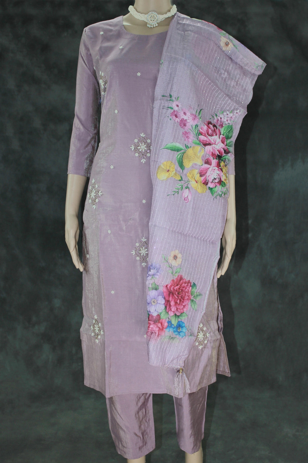Lavender Shimmer 3-Piece Kurti Set with Aari & Pearl Embroidery, Elastic Pants and Printed Organza Dupatta