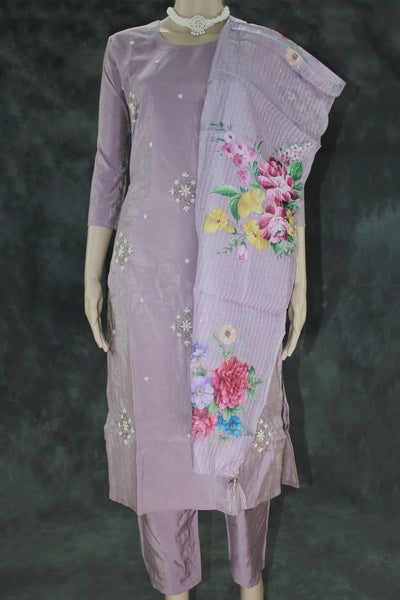 Lavender Shimmer 3-Piece Kurti Set with Aari & Pearl Embroidery, Elastic Pants and Printed Organza Dupatta