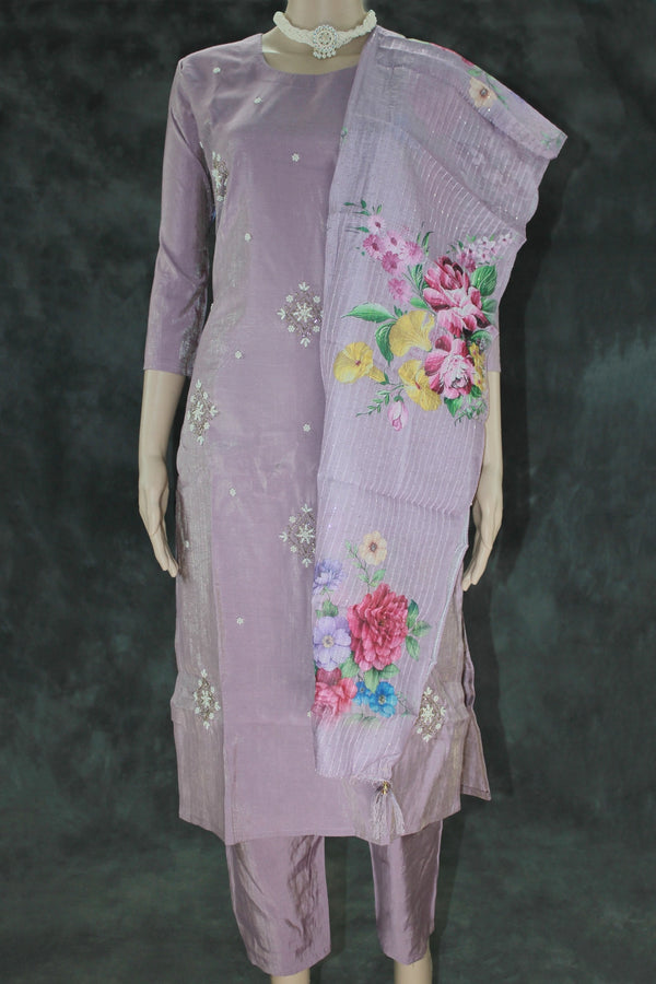 Lavender Shimmer 3-Piece Kurti Set with Aari & Pearl Embroidery, Elastic Pants and Printed Organza Dupatta