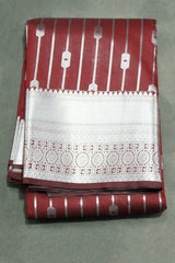 Bridal Vaira Oosi Soft Silk Saree with Silver Zari Border and Blouse, Brown Semi Silk Wedding Saree - Brown