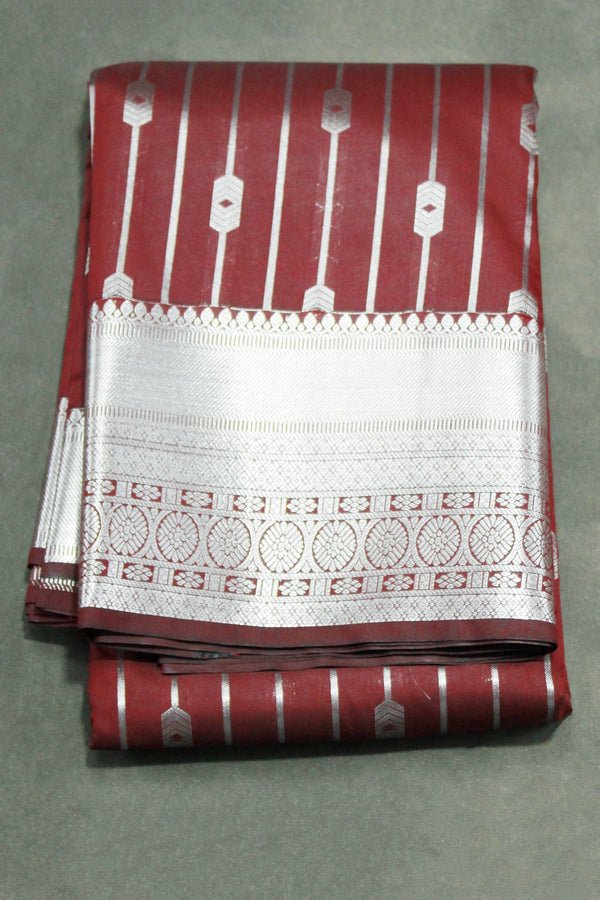 Bridal Vaira Oosi Soft Silk Saree with Silver Zari Border and Blouse, Brown Semi Silk Wedding Saree - Brown