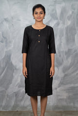 Black Two-Tone Printed Kurti with Round Neck, 3/4 Sleeves & Front Button Detailing - Black
