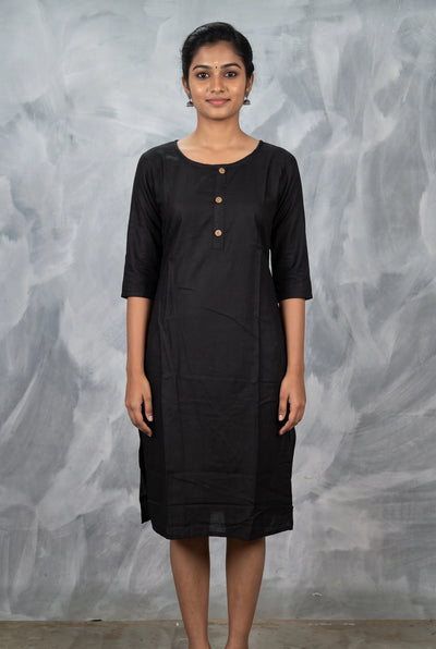 Black Two-Tone Printed Kurti with Round Neck, 3/4 Sleeves & Front Button Detailing - Black