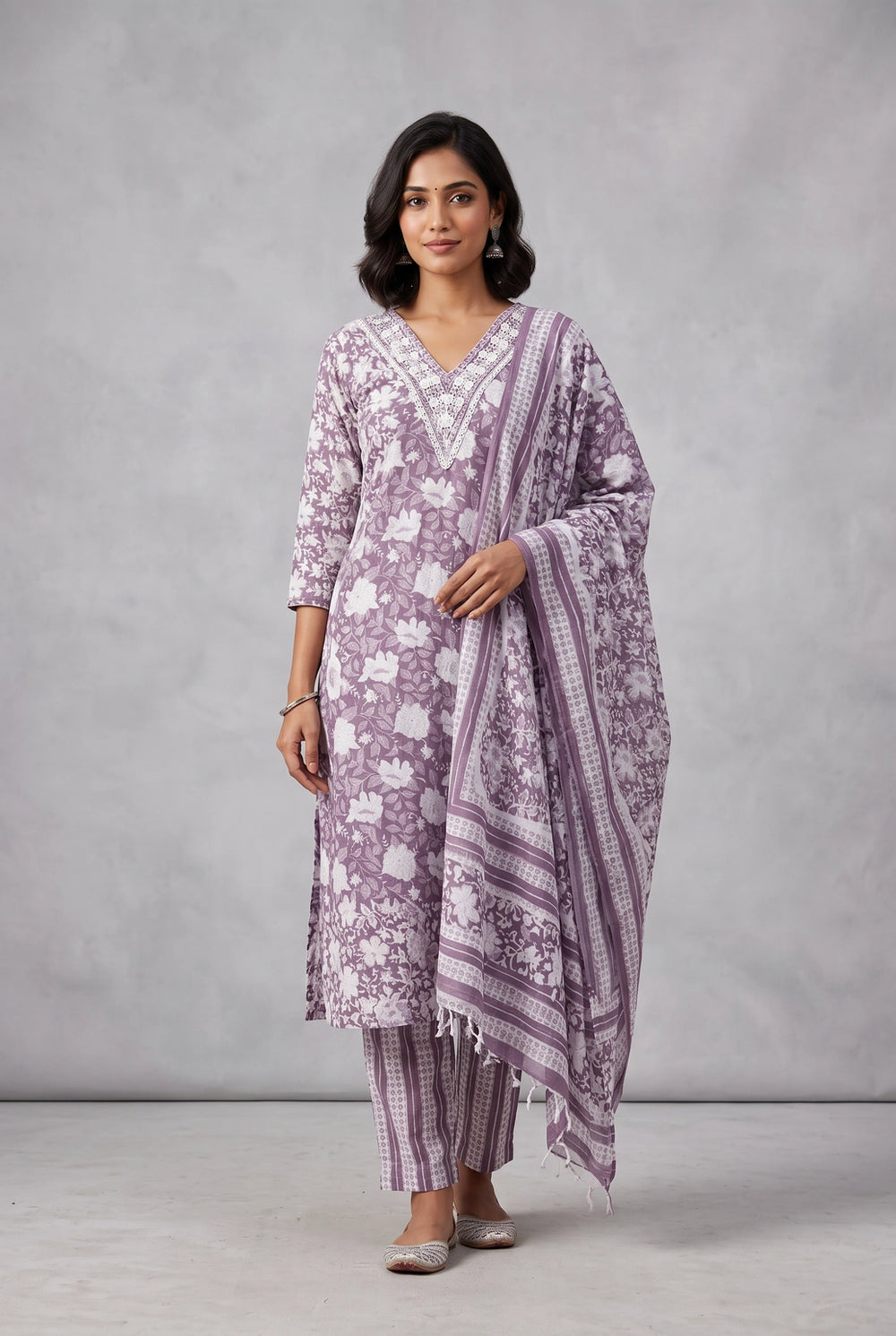 Purple Cotton Floral 3-Piece Kurta Set with Embroidered V-Neck, Elastic Pant & Dupatta - Purple