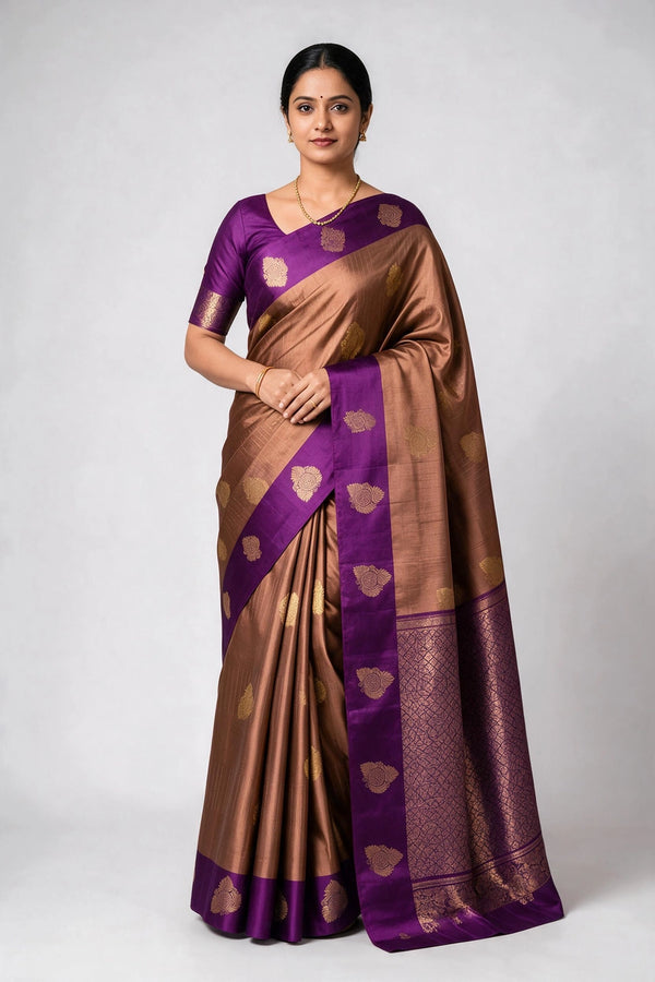 Mauve & Brown Soft Silk Saree with Contrast Border and Buti Weave - Mauve & Brown