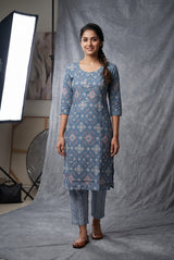 Slate Blue Rayon 2-Piece Kurti with Elastic Pant, Geometric All-Over Print, Round Neck & 3/4 Sleeves - Slate Blue