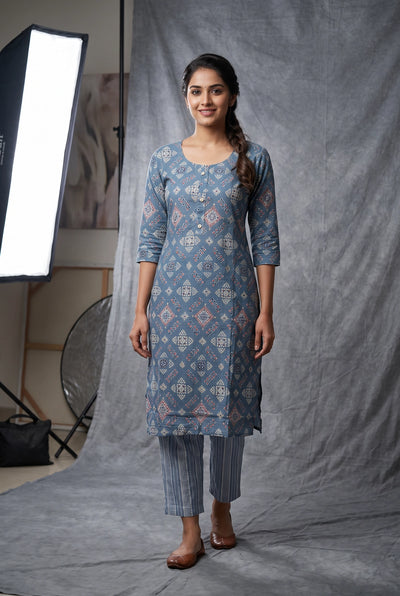 Slate Blue Rayon 2-Piece Kurti with Elastic Pant, Geometric All-Over Print, Round Neck & 3/4 Sleeves - Slate Blue