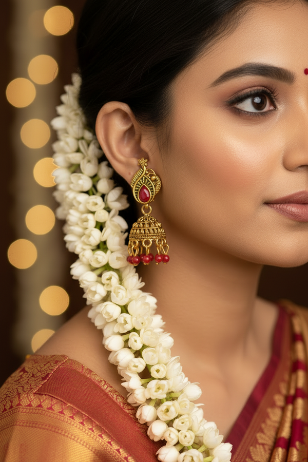 Red Antique Leaf-Design Jhumka Earrings for Women —