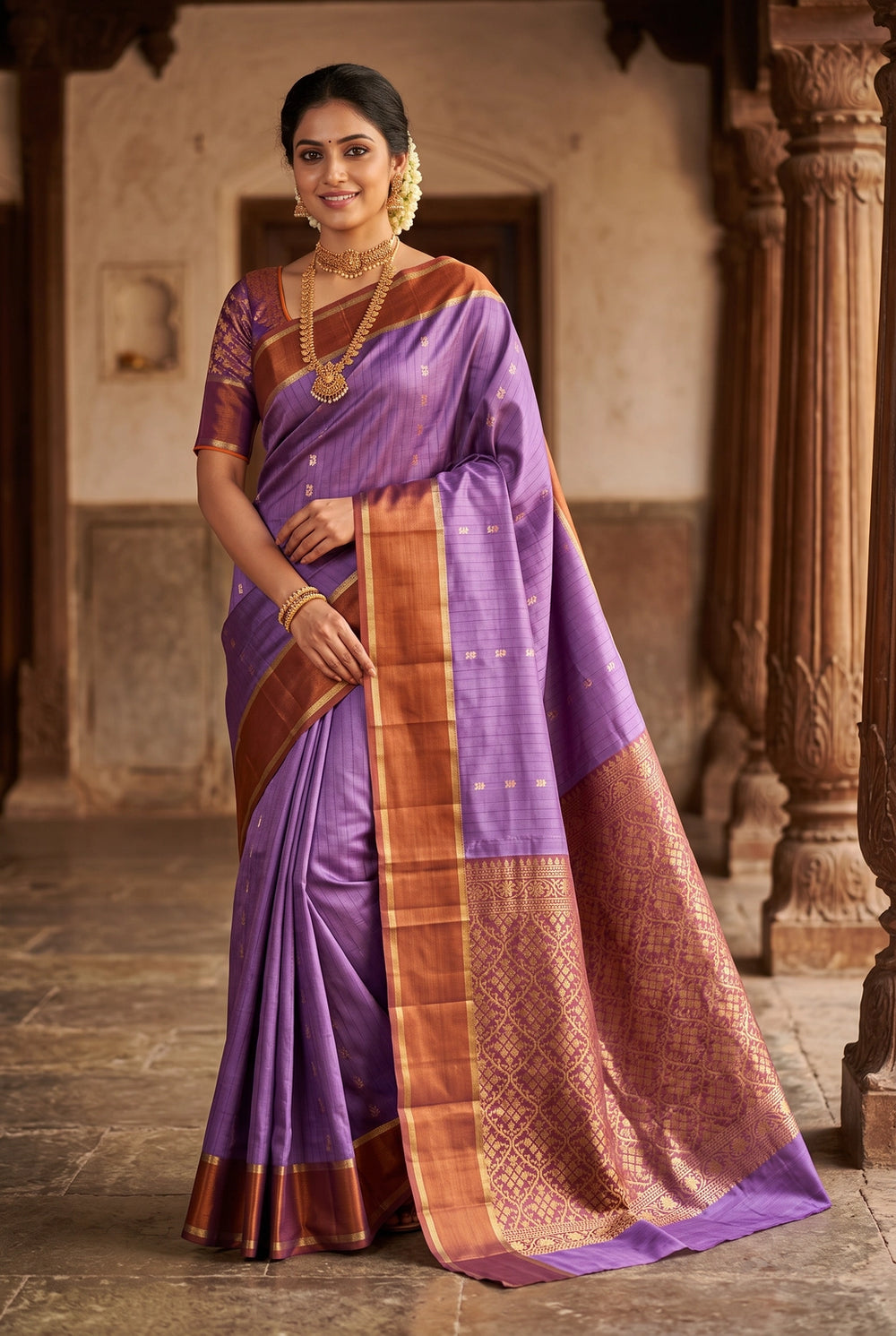 Purple Soft Silk Saree with Kommai Butta Pattern and Contrast Border for Festive Wear - Purple