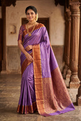 Purple Soft Silk Saree with Kommai Butta Pattern and Contrast Border for Festive Wear - Purple